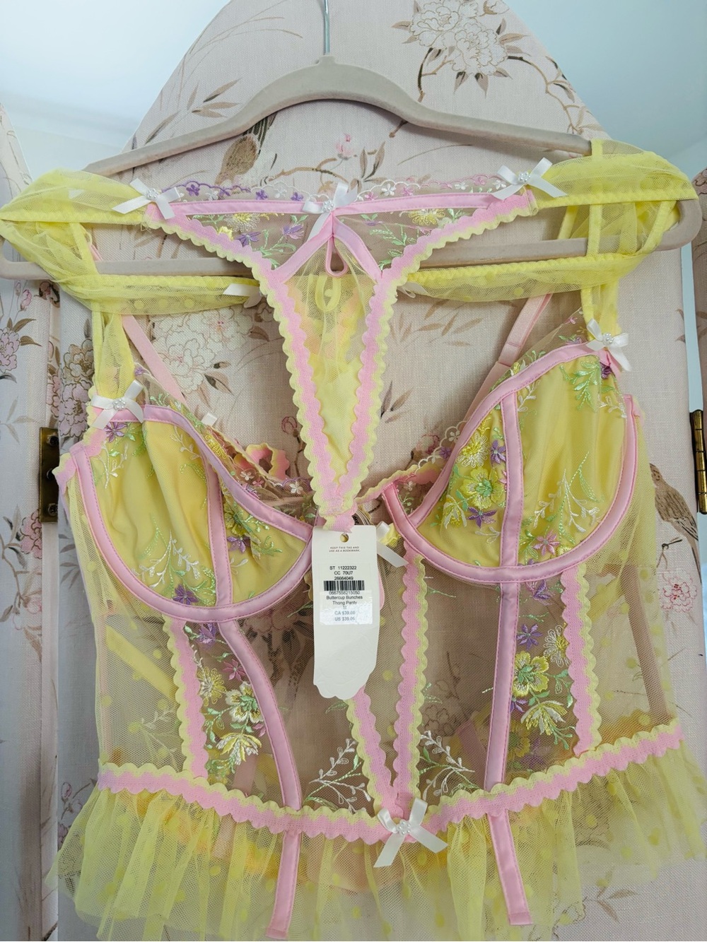 For Love and Lemons Yellow & Pink Sheer Embroidered Bustier Set